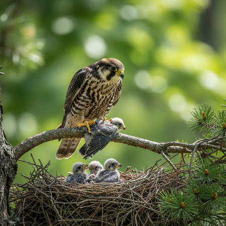 Peregrine falcon (Falco peregrinus) and its chicks in a nestの素材