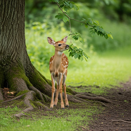 Whitetail deer fawn standing in the shade of a treeの素材