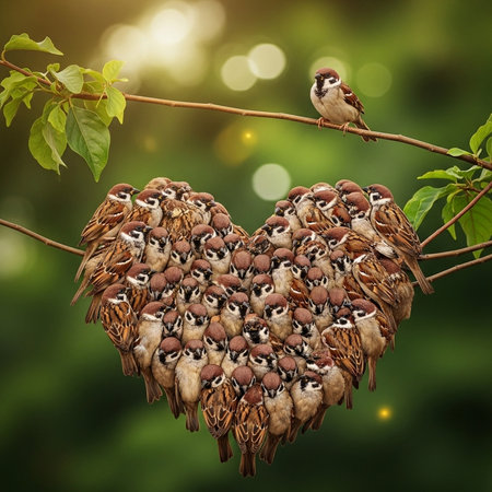 Family of sparrows sitting on a branch in the shape of a heartの素材