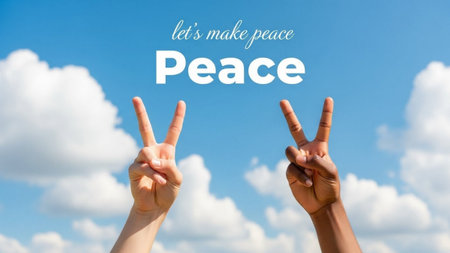 \cropped shot of hands showing peace sign on blue sky background\"\""の素材