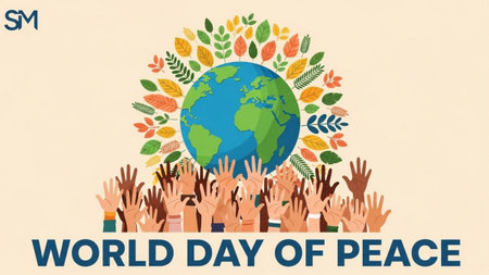 World Day of Peace concept with hands around the globe. Vector illustrationの素材