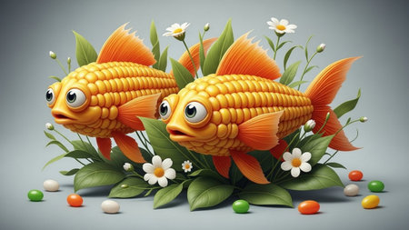Cute goldfish with flowers and candies on gray background.の素材