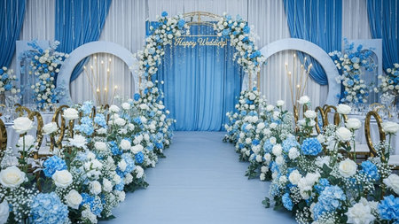 Wedding arch decorated with blue and white flowers. Wedding decorationの素材
