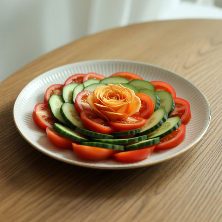 Cucumber salad with tomato and orange rose on a white plateの素材