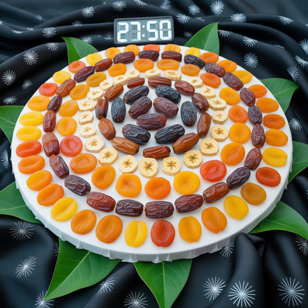 Dried fruits and numbers on a white cake. 3d renderingの素材