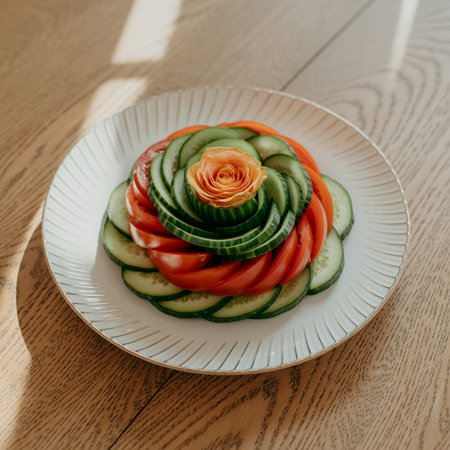 Sliced cucumber and tomato on a white plate on a wooden tableの素材