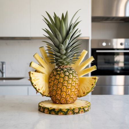 Pineapple slices on a white marble table in a modern kitchenの素材