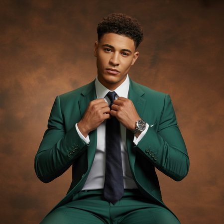 Elegant young African American man in green suit. Studio fashion portrait.の素材
