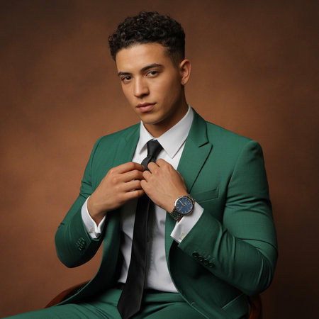Handsome young man in a green suit on a brown backgroundの素材