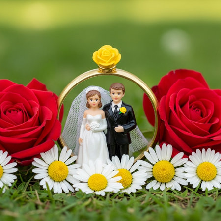 Wedding couple figurine and flower on green grass background.の素材