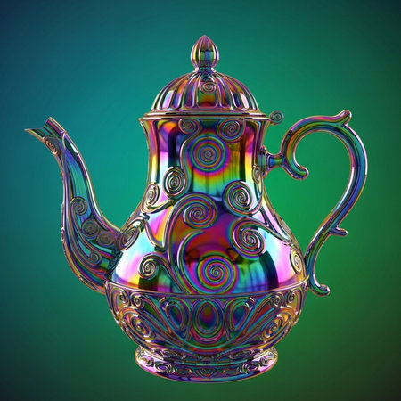 Colorful glass teapot on green background. 3d renderingの素材