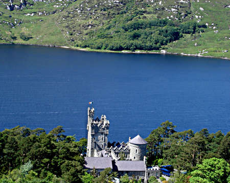 A view of Glenveagh Castle from a nearby mountain in Glenveagh National Park in Donegal, Ireland