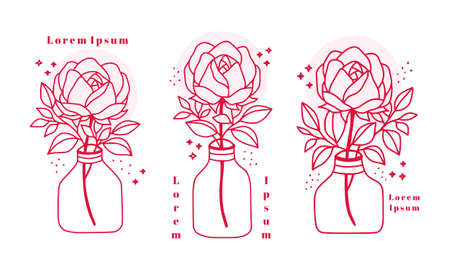 Hand drawn feminine beauty logo elements with pink rose flower, leaf branch, and bottleのイラスト素材