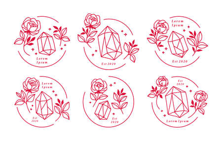 Hand drawn vintage crystal and gold rose flower logo element collectionのイラスト素材