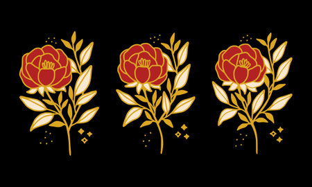 Hand drawn vintage botanical peony flower logo element collectionのイラスト素材