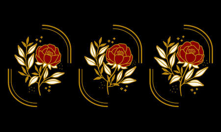 Hand drawn vintage botanical peony flower logo element collectionのイラスト素材