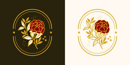 Hand drawn vintage botanical rose flower logo and feminine beauty brand elementのイラスト素材
