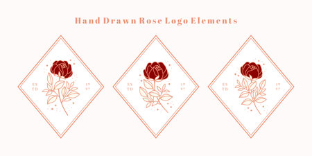 Hand drawn vintage pink botanical rose flower logo template and feminine beauty brand element collectionのイラスト素材
