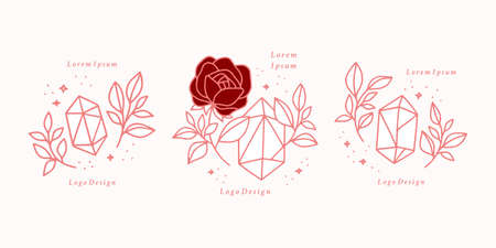 Hand drawn vintage pink botanical rose flower logo template, crystal, gem, and feminine beauty brand element collectionのイラスト素材