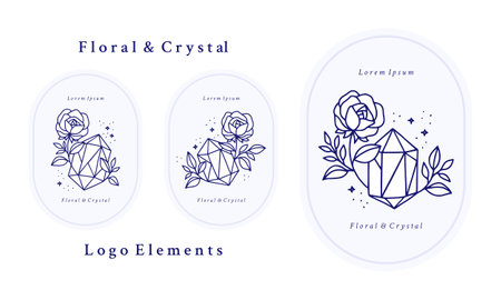 Hand drawn vintage blue botanical rose flower logo template, crystal, gem, and feminine beauty brand element collectionのイラスト素材