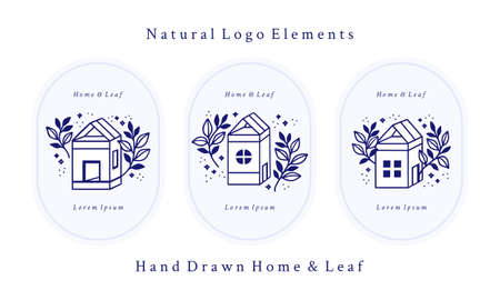 Hand drawn blue home, leaf, floral logo template and feminine beauty brand element collectionのイラスト素材