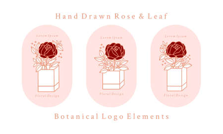 Hand drawn vintage pink botanical rose flower logo template and feminine beauty brand element collectionのイラスト素材
