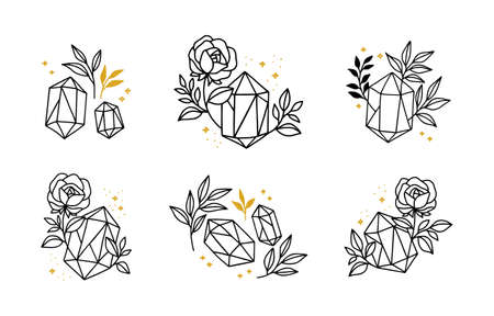 Set of hand drawn minimalistic crystal, leaf, and rose flower logo elements for feminine brand or beauty productのイラスト素材