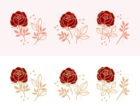Set of hand drawn botanical rose flower, and floral leaf branch line art elementsのイラスト素材