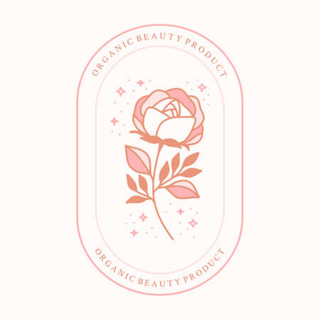 Magical rose floral logo element with stars and frameのイラスト素材