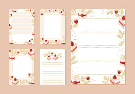 Collection of daily or weekly planner, note paper, to do list, wishlist, organizer templates decorated with cute strawberry and cake illustrationsのイラスト素材