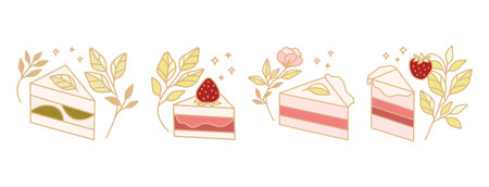 Set of colorful cake, pastry, bakery elements with strawberry and leaf branch for clipart, food brand, products, logo designのイラスト素材