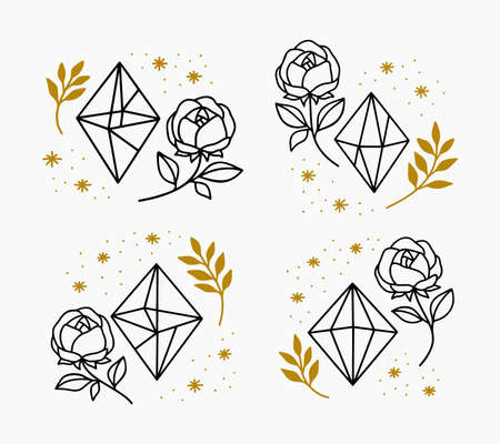 Collection of hand drawn magical elements with crystal, flower, stars, leaf branchのイラスト素材