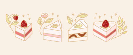 Set of colorful cake, pastry, bakery elements with strawberry and leaf branch for clipart, food...