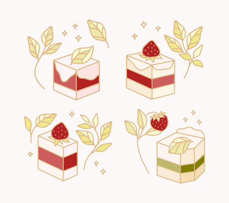 Set of colorful pastry, cake, bakery elements with strawberry and leaf branch for clipart, food product design, logo designのイラスト素材