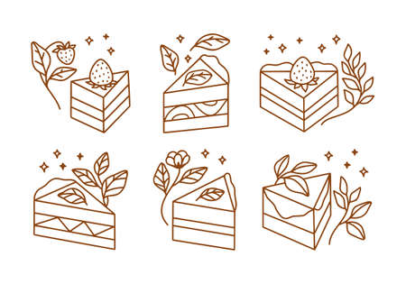Hand drawn cake, pastry, and bakery logo elements on isolated white background for food brand or...