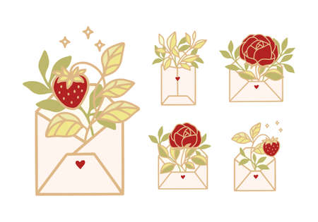 Hand drawn rose flowers, strawberry, and leaf branch in love letterのイラスト素材