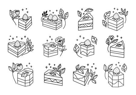 Hand drawn cake, pastry, and bakery logo elements on isolated white backgroundのイラスト素材