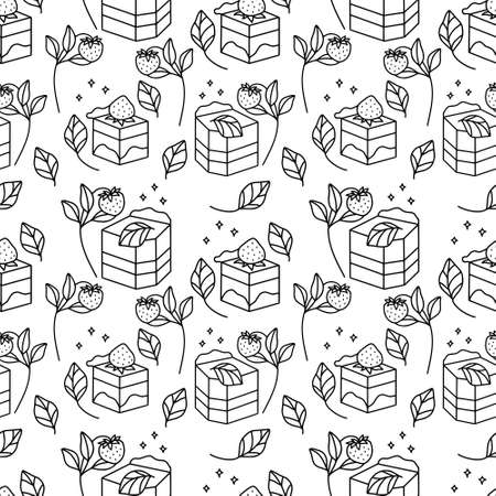 Hand drawn cake, bakery, and pastry seamless pattern with strawberry and floral leaf elements in black linear style and isolated white background for textile, fabric, paper, or gift wrappingのイラスト素材