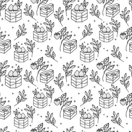 Hand drawn cake, bakery, and pastry seamless pattern with strawberry and floral leaf elements in black linear style and isolated white background for textile, fabric, paper, or gift wrappingのイラスト素材