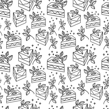 Hand drawn cake, bakery, and pastry seamless pattern with strawberry and floral leaf elements in black linear style and isolated white background for textile, fabric, paper, or gift wrappingのイラスト素材
