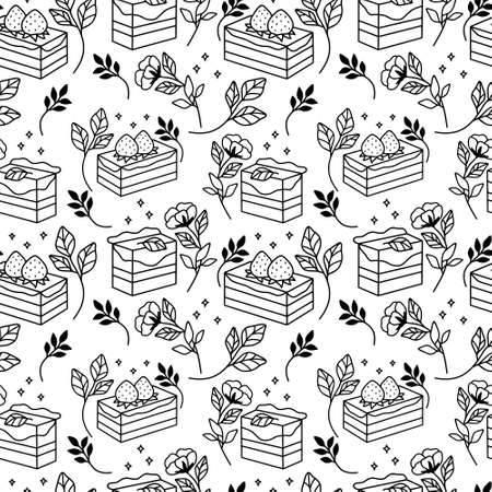 Hand drawn cake, bakery, and pastry seamless pattern with strawberry and floral leaf elements in black linear style and isolated white background for textile, fabric, paper, or gift wrappingのイラスト素材