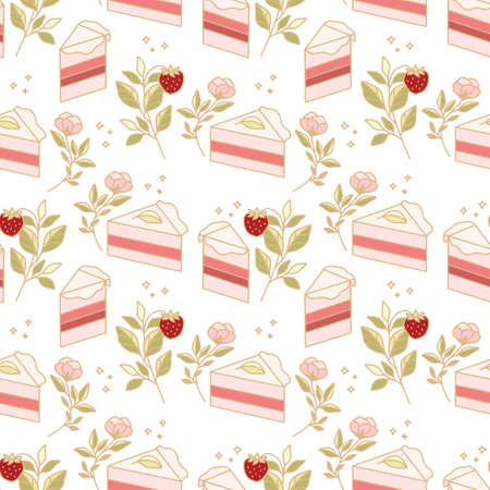 Hand drawn colorful cake, bakery, and pastry seamless pattern with strawberry and floral leaf elements in cute cartoon style and isolated white background for textile, fabric, paper, gift wrappingのイラスト素材