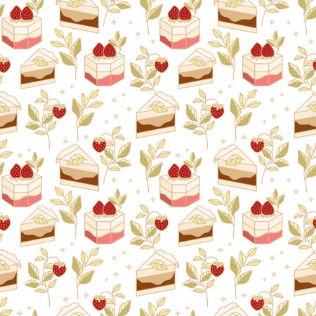 Hand drawn colorful cake, bakery, and pastry seamless pattern with strawberry and floral leaf elements in cute cartoon style and isolated white background for textile, fabric, paper, gift wrappingのイラスト素材