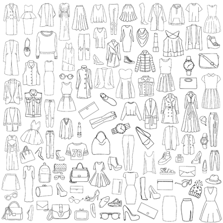 Vector illustration of a black and white pattern set of clothes - outerwear, shoes, accessories.のイラスト素材