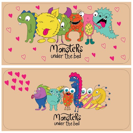 Beautiful bright prints. Cards with monsters. Vector illustration of card sets.のイラスト素材