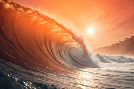 Surfing ocean wave at sunset. 3d rendering toned imageの素材