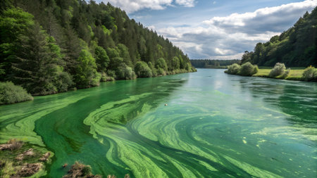 Beautiful view of the river with green water and blue sky.の素材