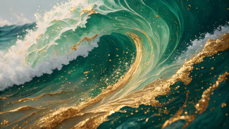 Blue and gold ocean wave background. Ocean water texture with golden glitter.の素材