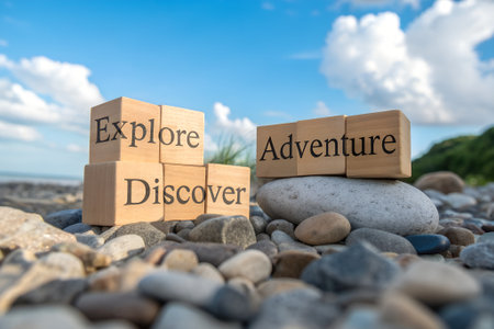 Wooden cubes with the word Explore, Adventure and discovery on the beachの素材