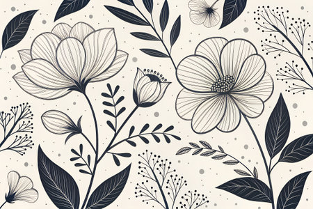 Seamless pattern with hand drawn flowers and leaves. Vector illustration.の素材